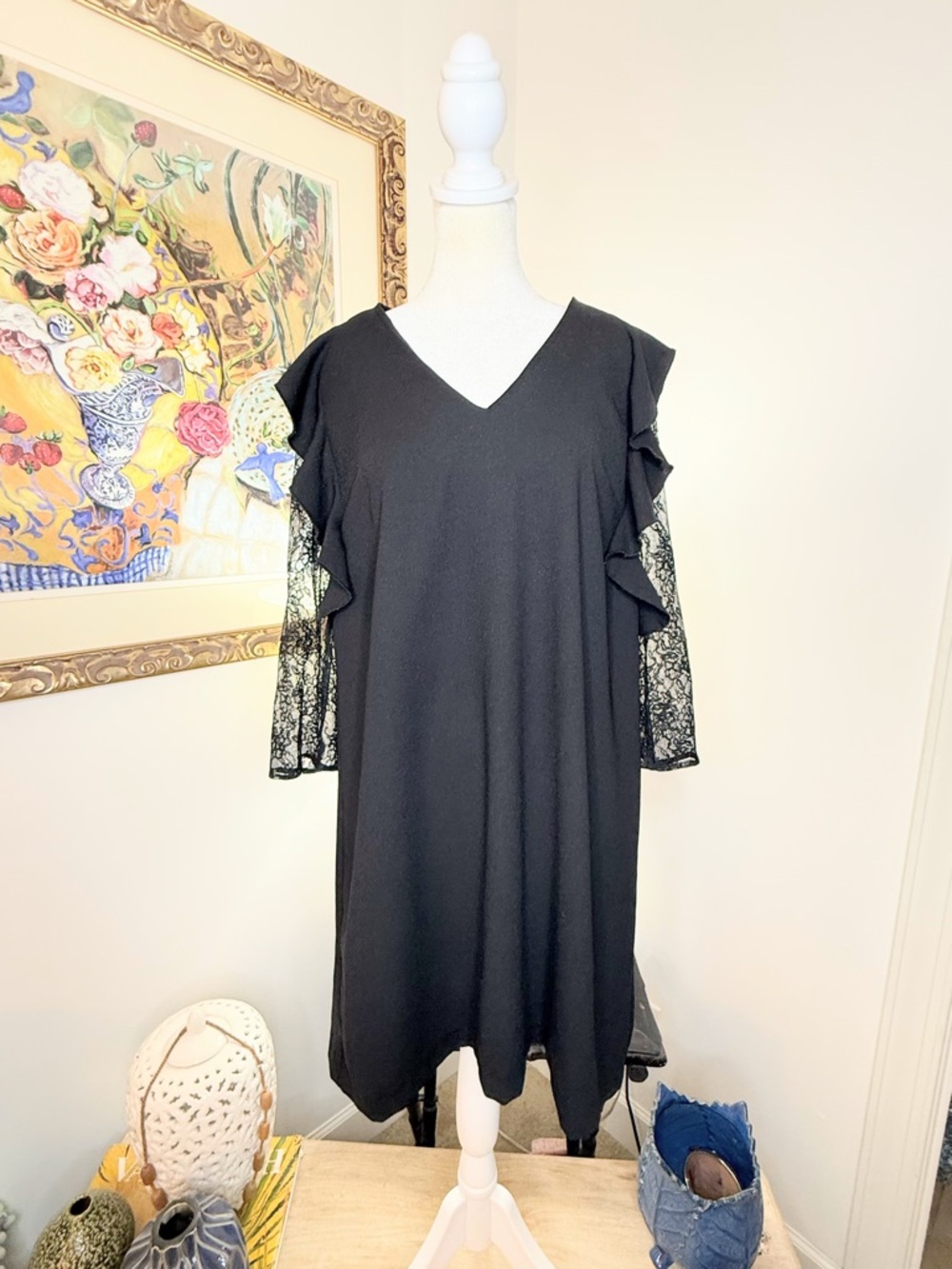 Black Lace Sleeve Dress Small Ruffle V Neck Flowy Shift Elegant Cocktail Midi